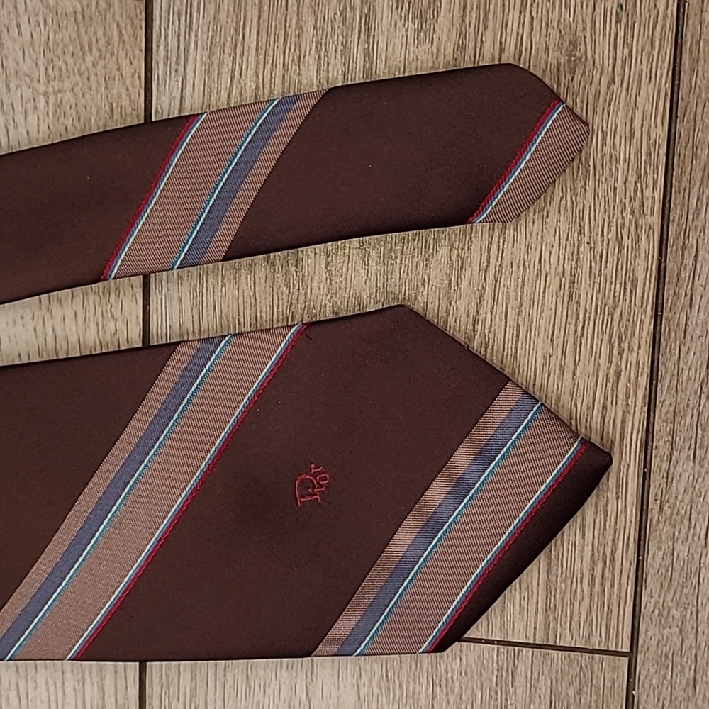 CHRISTIAN DIOR Striped‎ Spell Out Logo Striped Polyester Silk Mens Tie VTG RARE